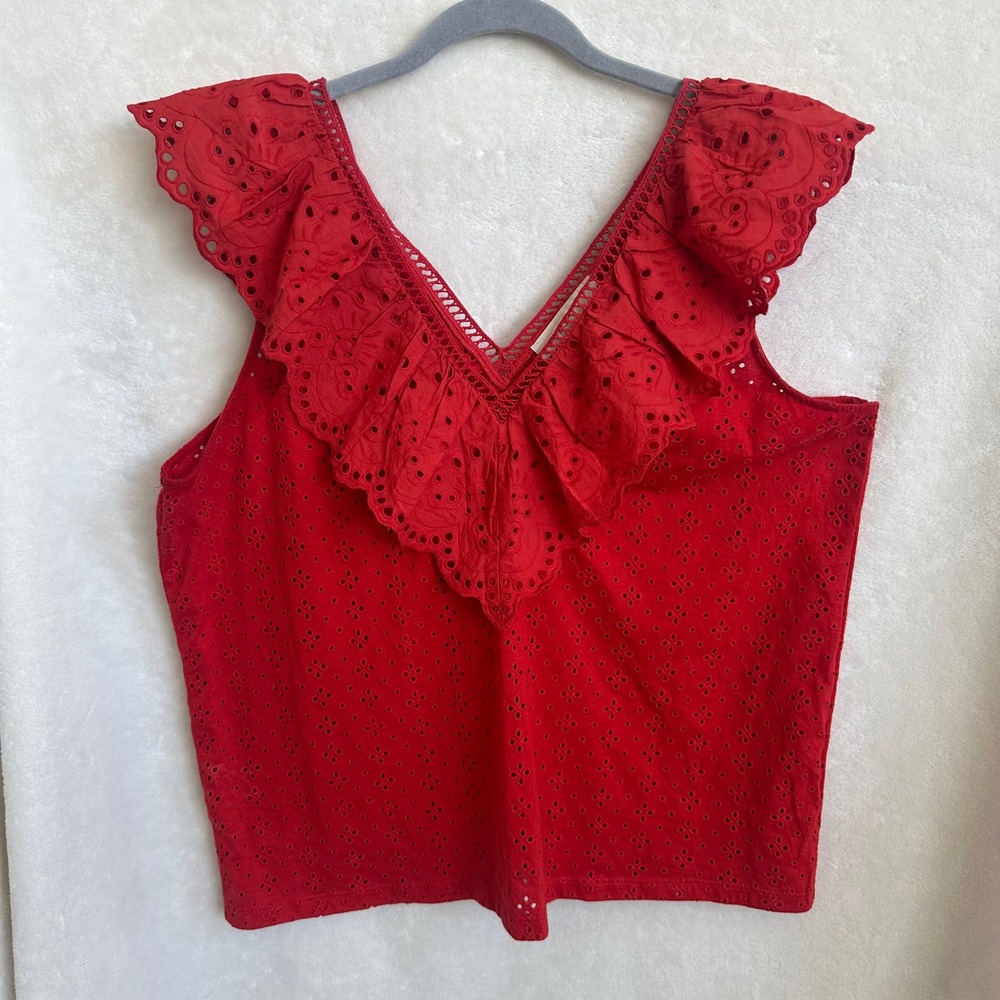 LOFT Red Eyelet Lace Ruffle V-Neck Tank Top Blouse - Women's Size XL